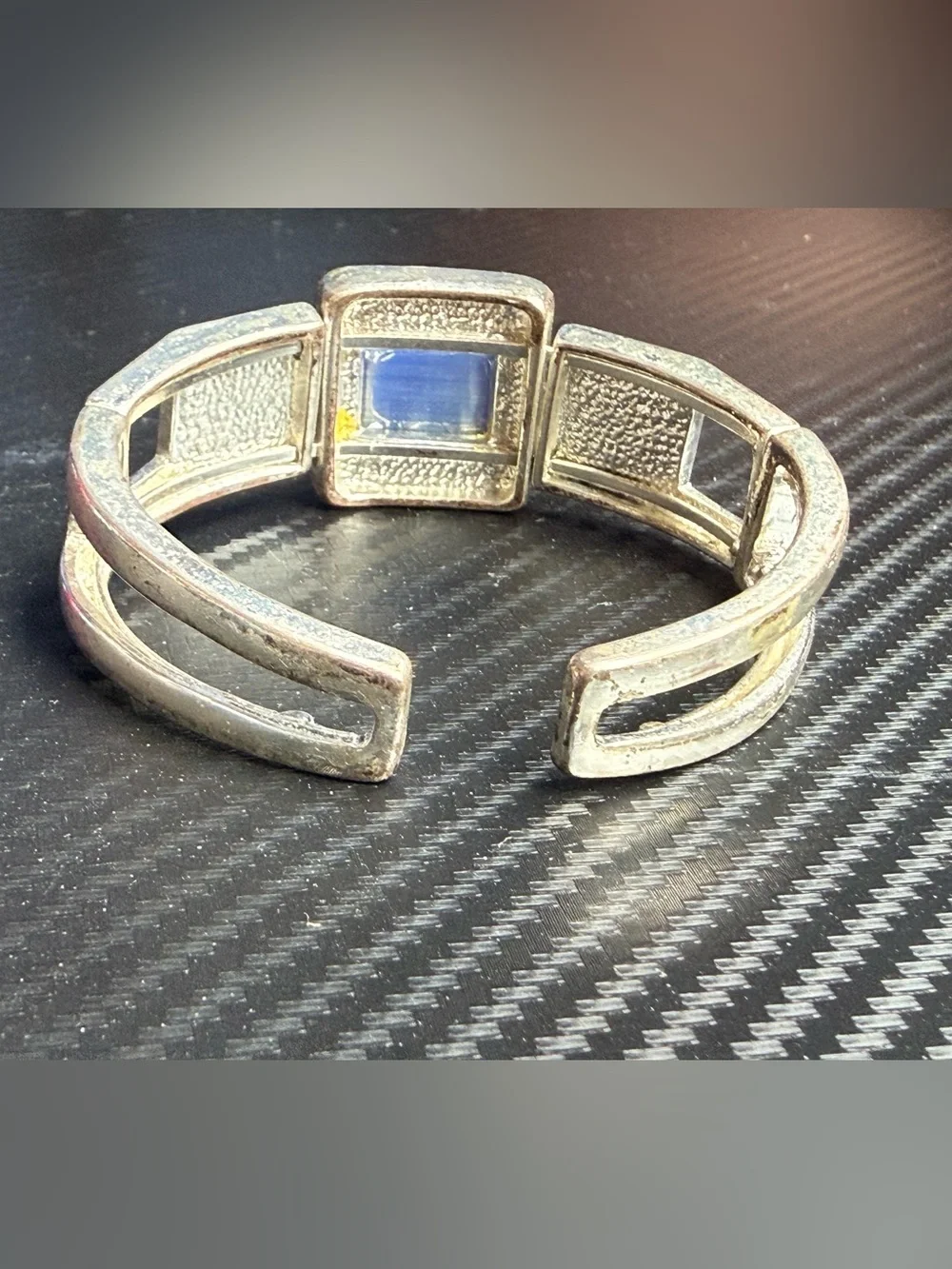 Vintage Silver Tone Blue Cat's Eye Chunky Cuff Statement Bracelet Retro
